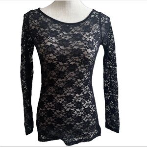 Black Lace Top Sheer Long Sleeve Fitted Cut Out Back Size Small